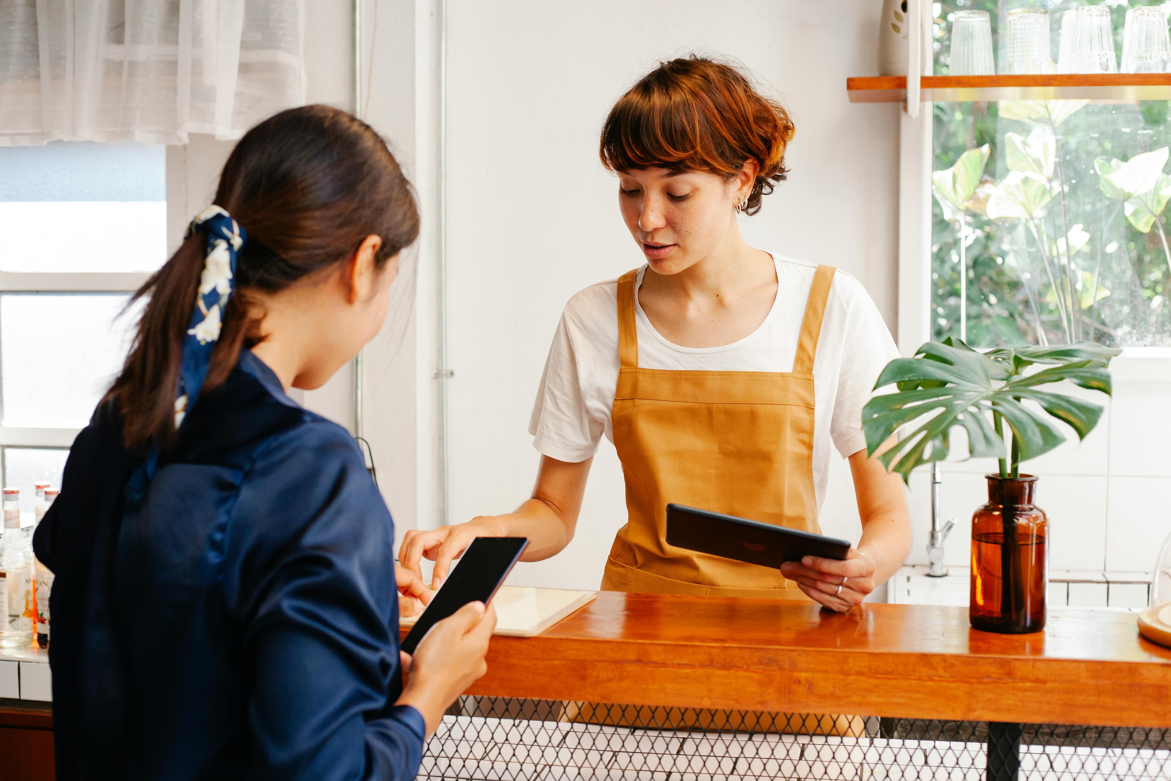 Two women engaging in discussion at a counter with a tropical plant