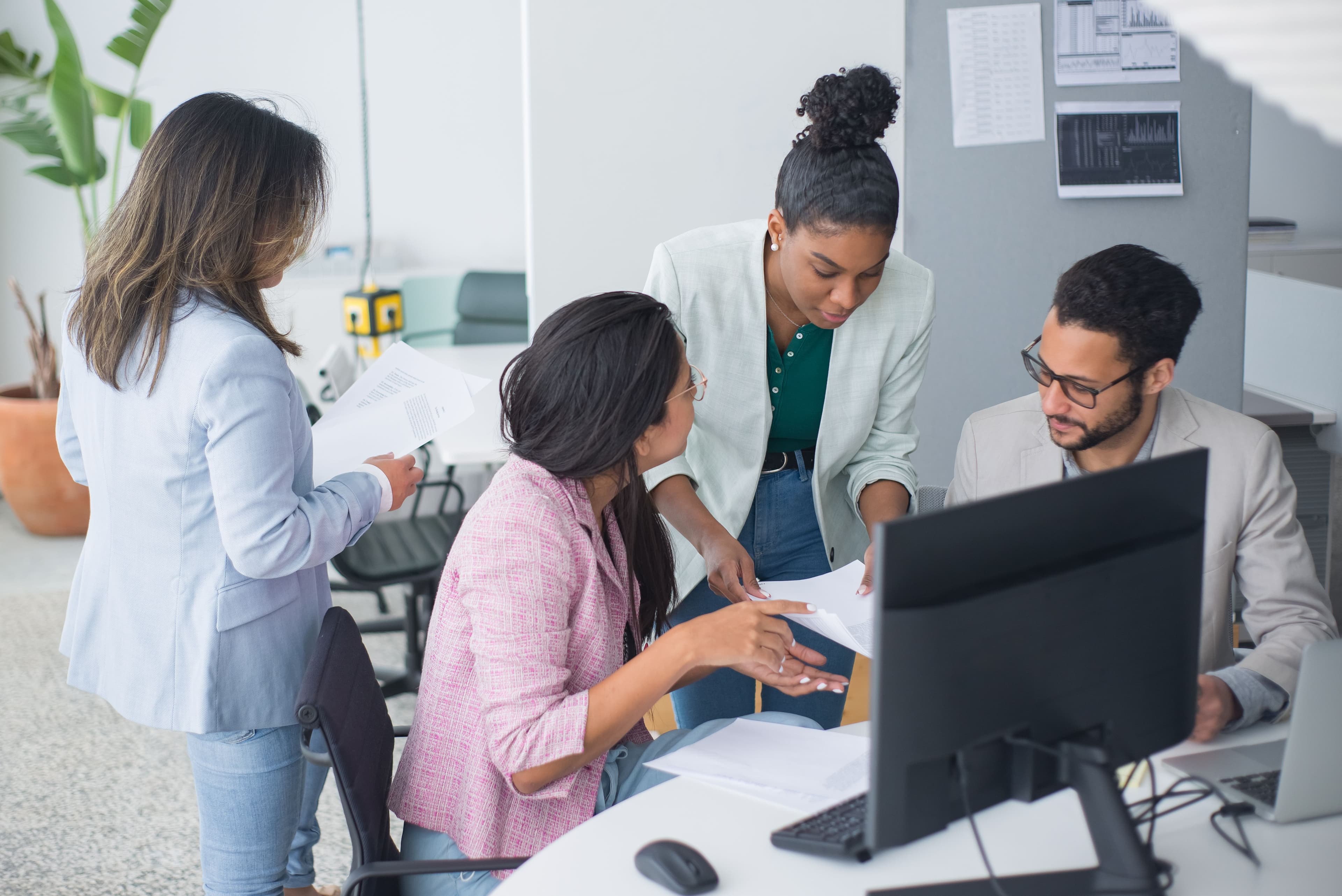 A diverse team engaged in a lively discussion