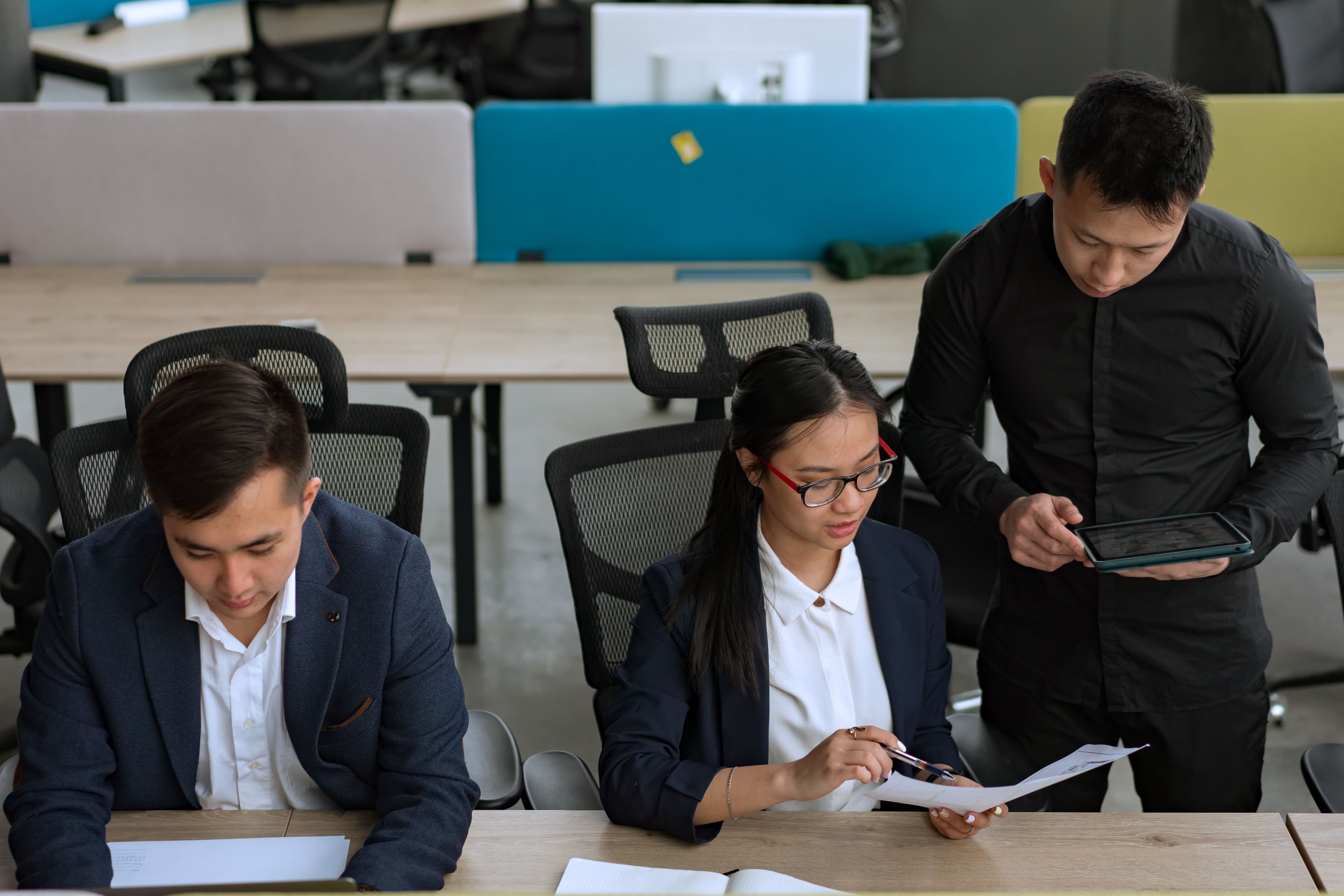 A professional team collaborating in a modern office setting